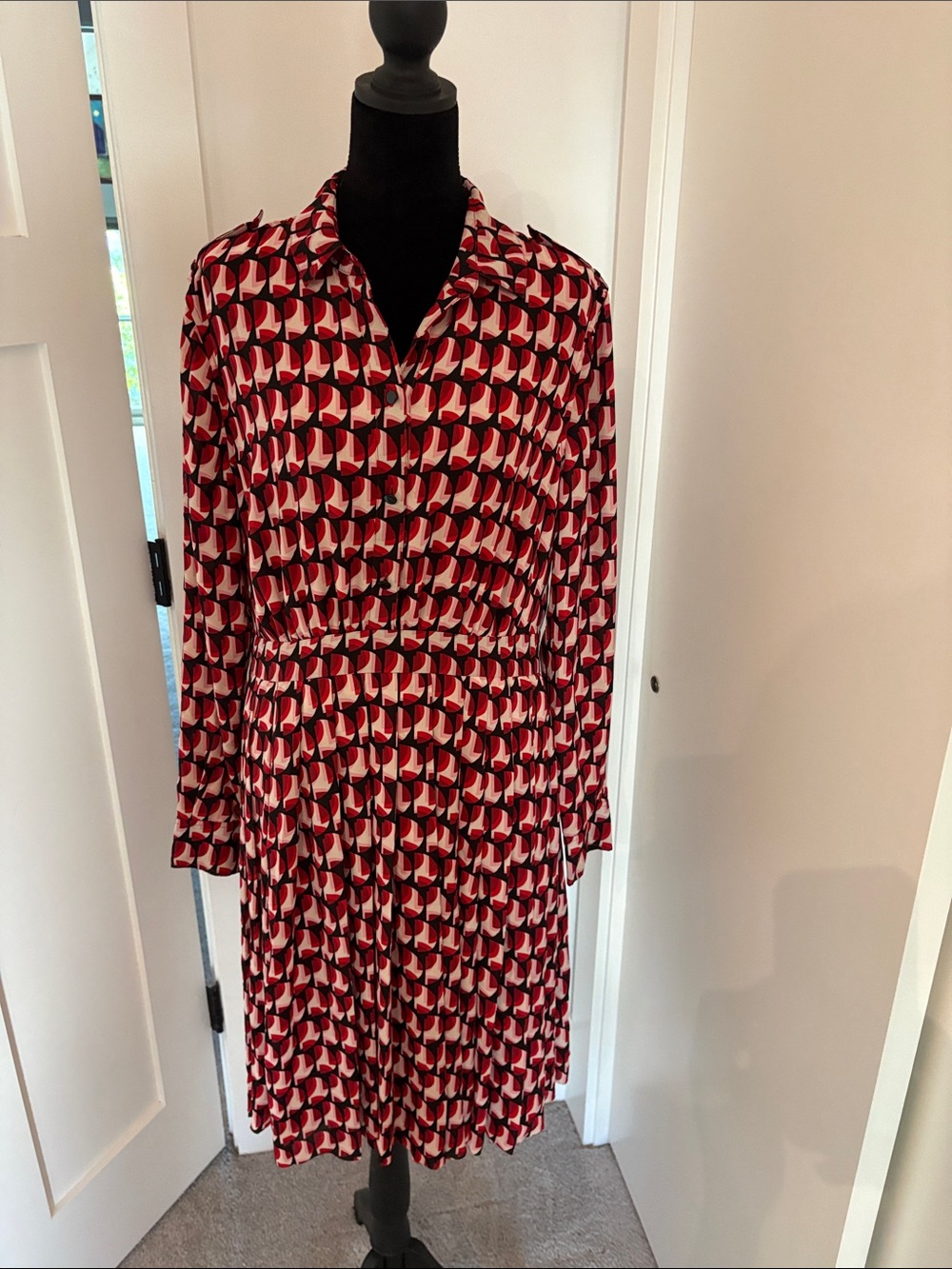 kate spade Red, Black & White Geometric Print Midi Shirt Dress